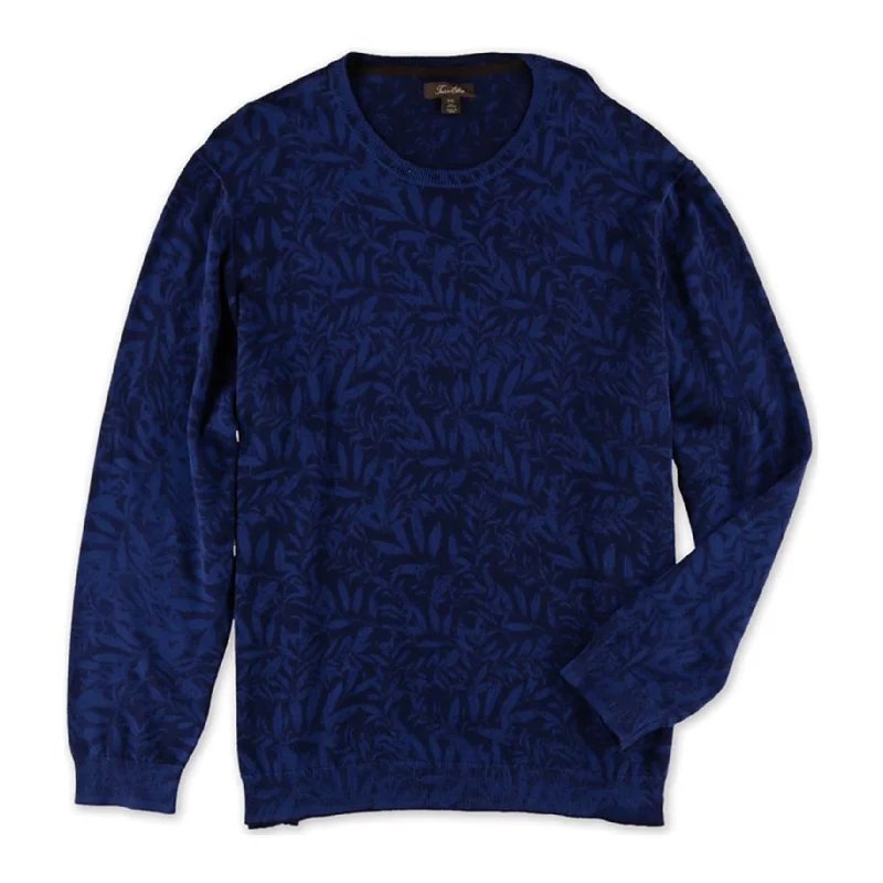 Tasso Elba Mens Leaf Print Knit Sweater, Blue, XX-Large