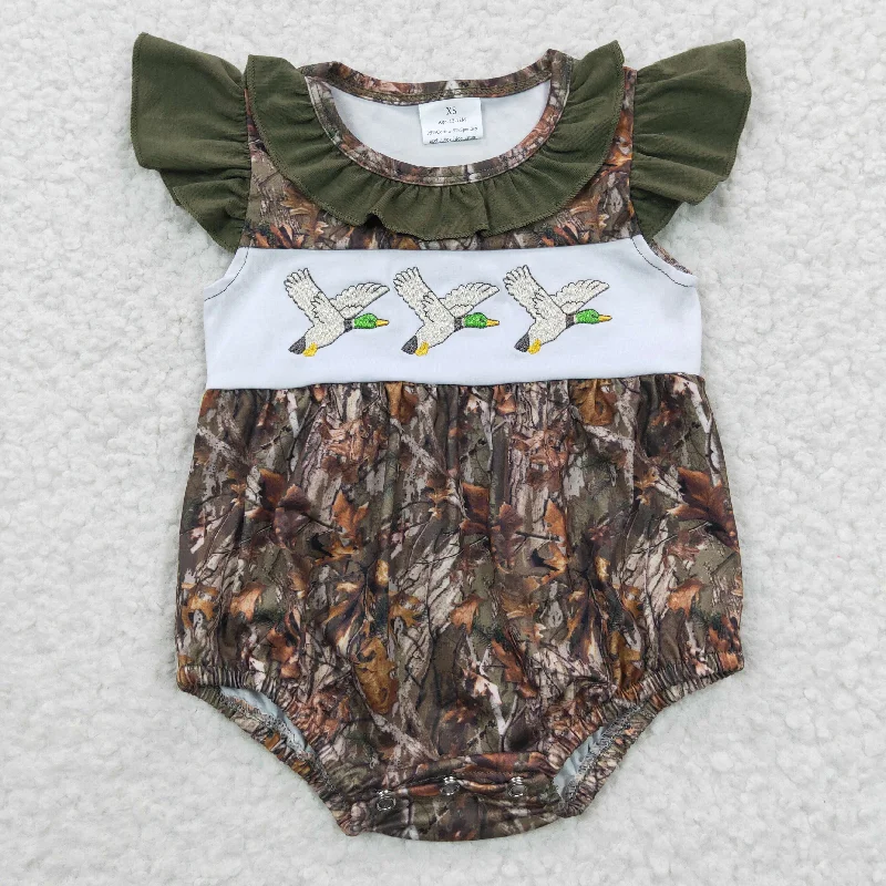 SR0358 Duck Camo Green Embroidery Girls Short Sleeve Romper