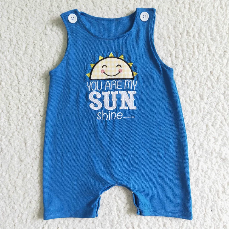 SR0034 Blue Yellow You Are My Sun Shine Embroidery Boys Sleeveless Romper