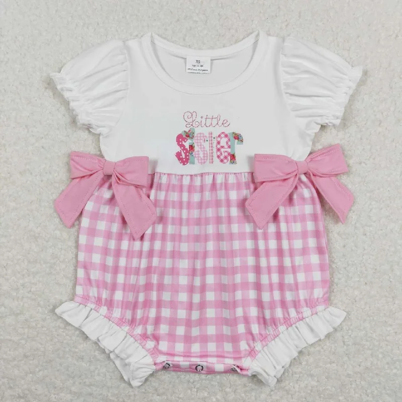 SR0588  Pink Little Sister Floral Bow  Girls Short Sleeve Romper