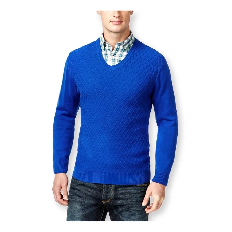 Club Room Mens Diamond-Knit V Neck Pullover Sweater, Blue, 3XL