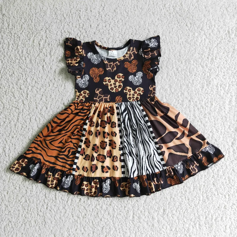 D8-30 Leopard M Cartoon Patchwork Girls Flutter Sleeve Dresses