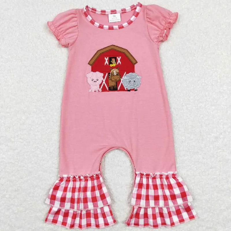 SR0511 Valentine Love Red Farm Cow Pig Embroidery  Girls Short Sleeve Romper