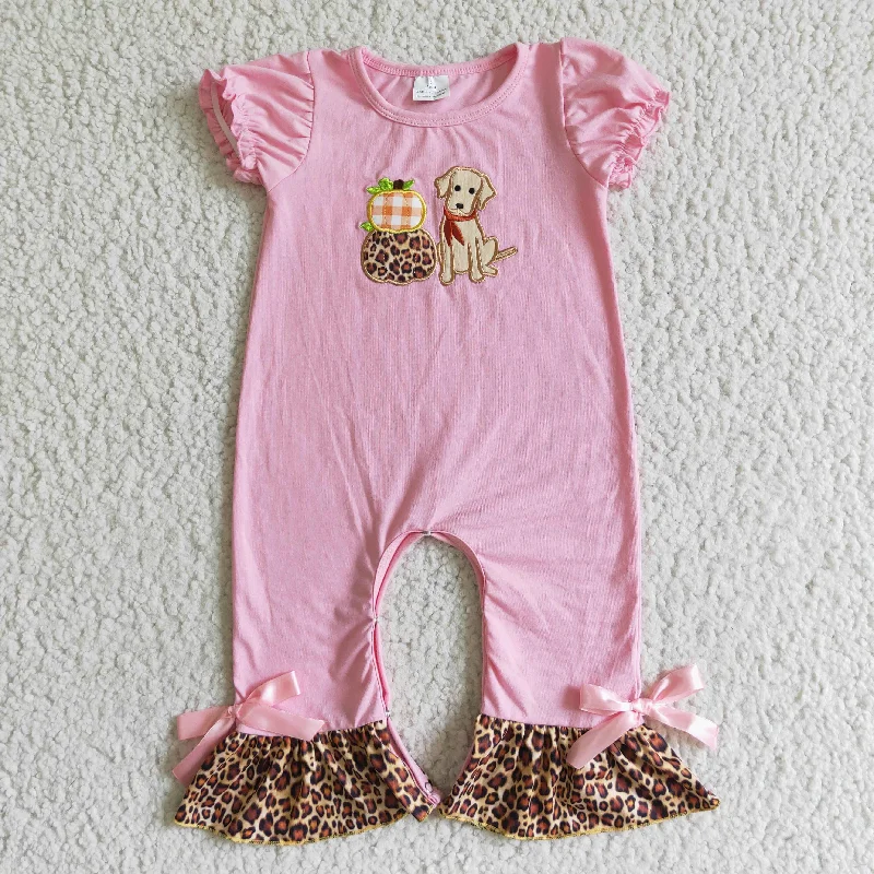 SR0068 Halloween Pink Pumpkin Dog Leopard Embroidery Girls Short Sleeve Romper