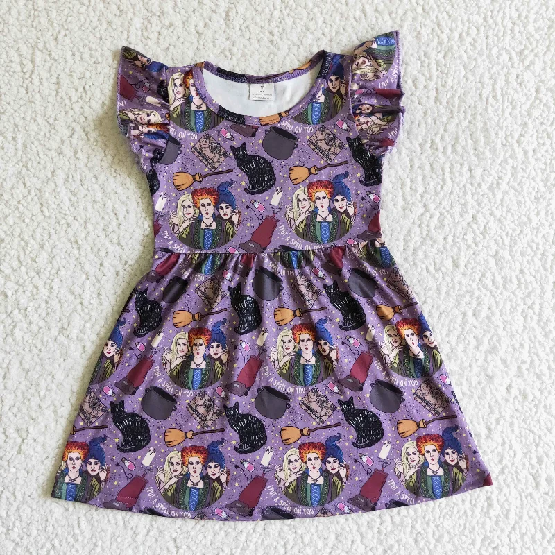 GSD0143 Halloween Witch Cartoon Purple Girls Short Sleeve Dresses