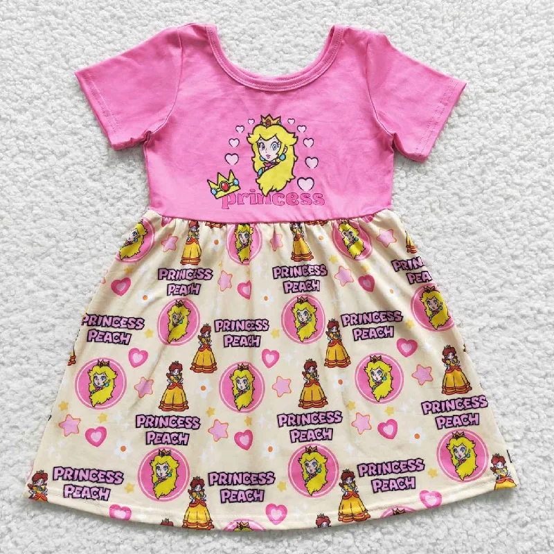 GSD0389 Pink Princess Peach Yellow Cartoon  Girls Short Sleeve Dresses