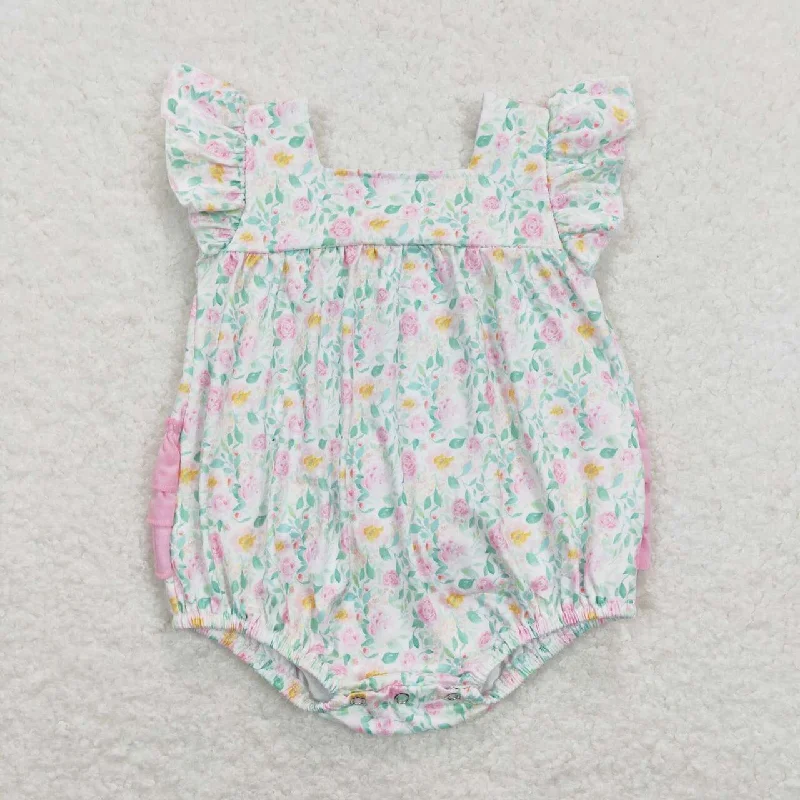 SR0805 Green Pink Floral Girls Short Sleeve Romper