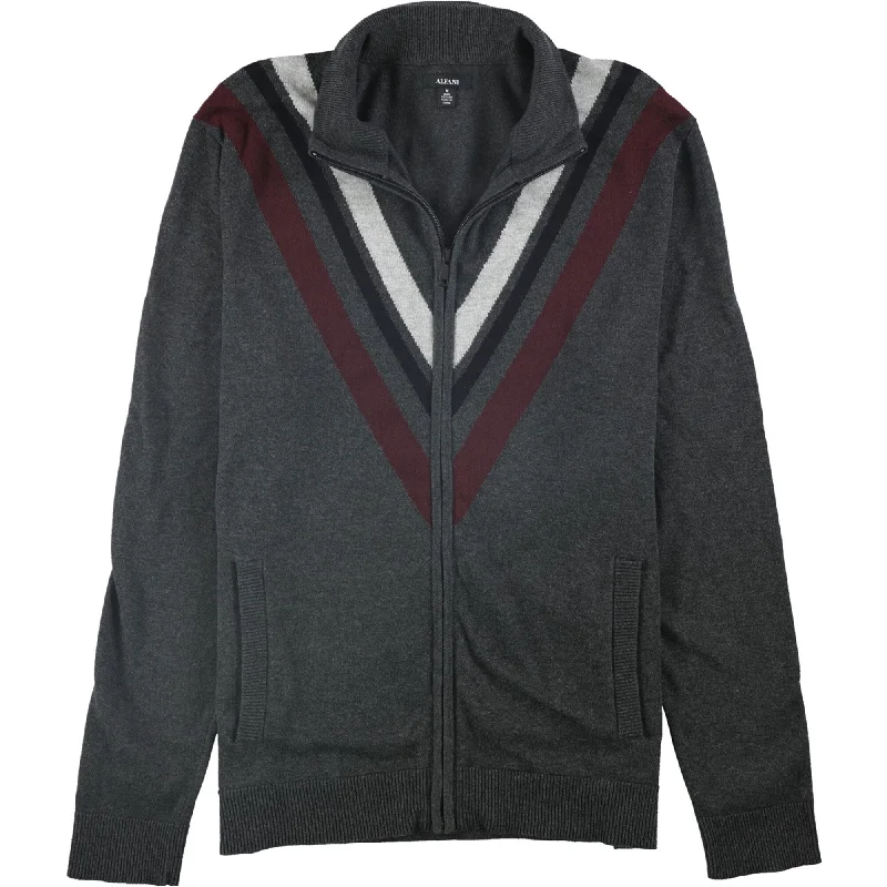 Alfani Mens Zip-Front Striped Cardigan Sweater, Grey, Medium