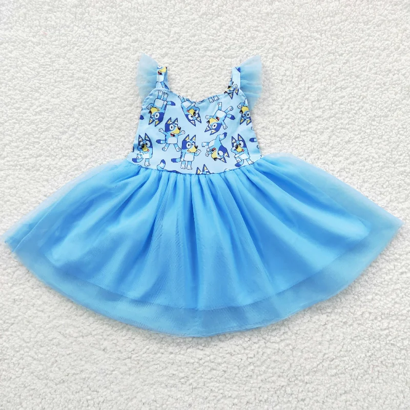 GSD0334 Blue Dog Cartoon Tulle Tutu Girls Short Sleeve Dresses