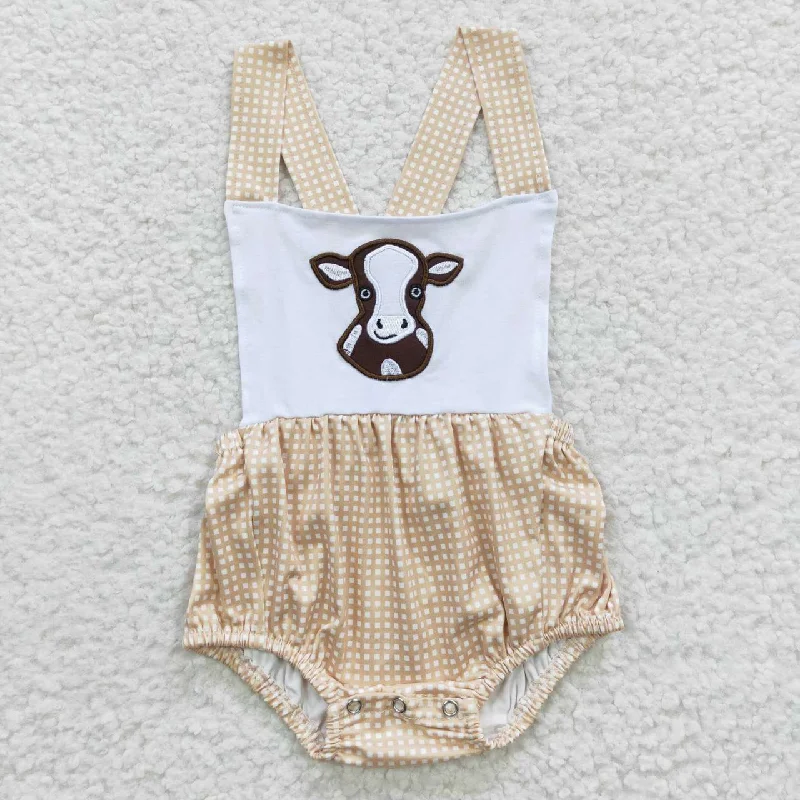 SR0313 Pink Heifer Cow Print Western Embroidery Girls Short Sleeve Romper