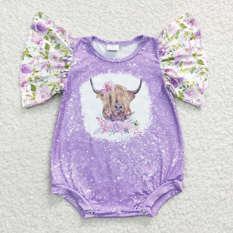 SR0118 Purple Highland Cow Floral Girls Short Sleeve Romper