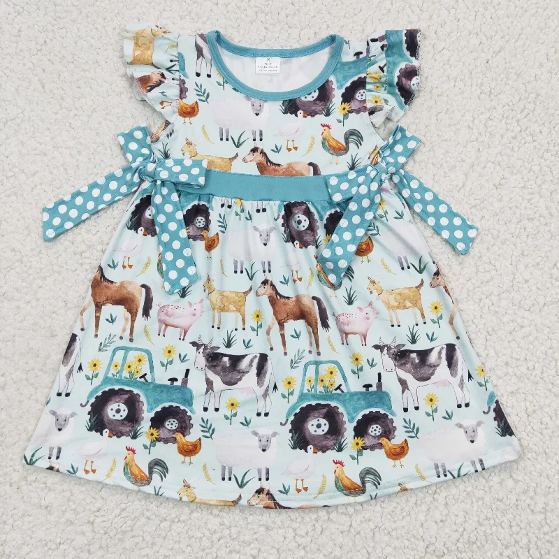 GSD0162 Blue Farm Horses Pig Chicken Bow Girls Short Sleeve Dresses