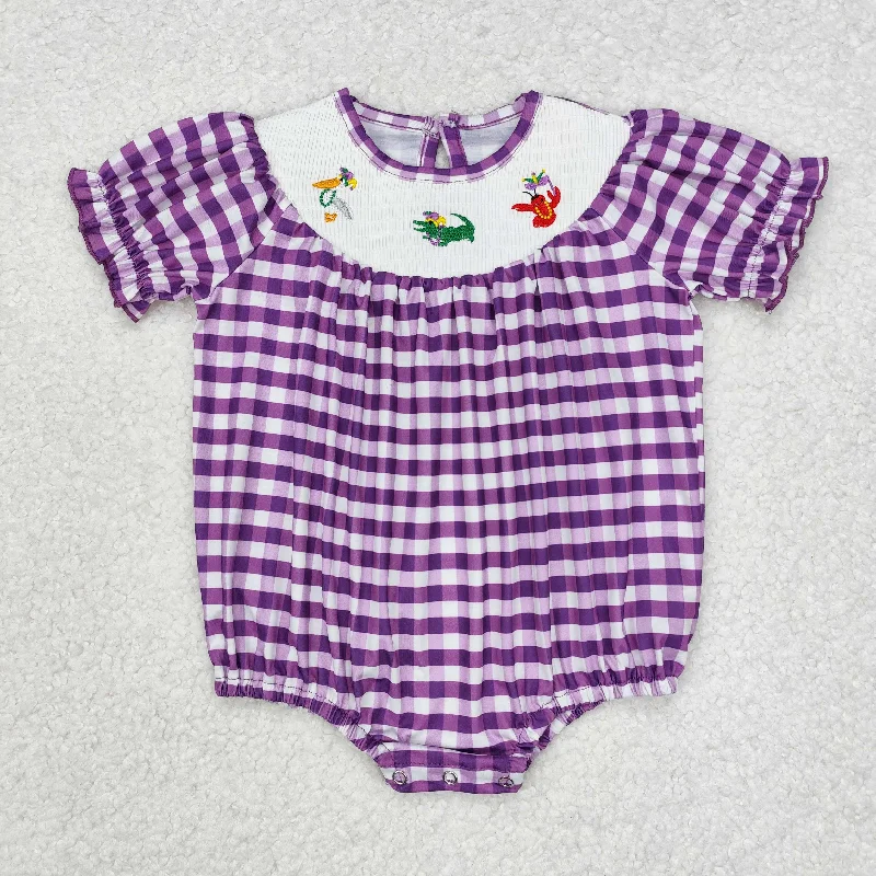 SR2060 Purple check lobster Embroidery Girls Short Sleeve Romper