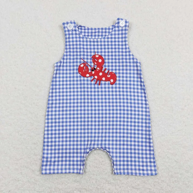 SR0820  Blue Red Crayfish   Embroidery  Girls Short Sleeve Romper