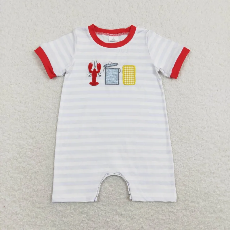 SR0744 Red Crayfish  Embroidery  Girls Short Sleeve Romper