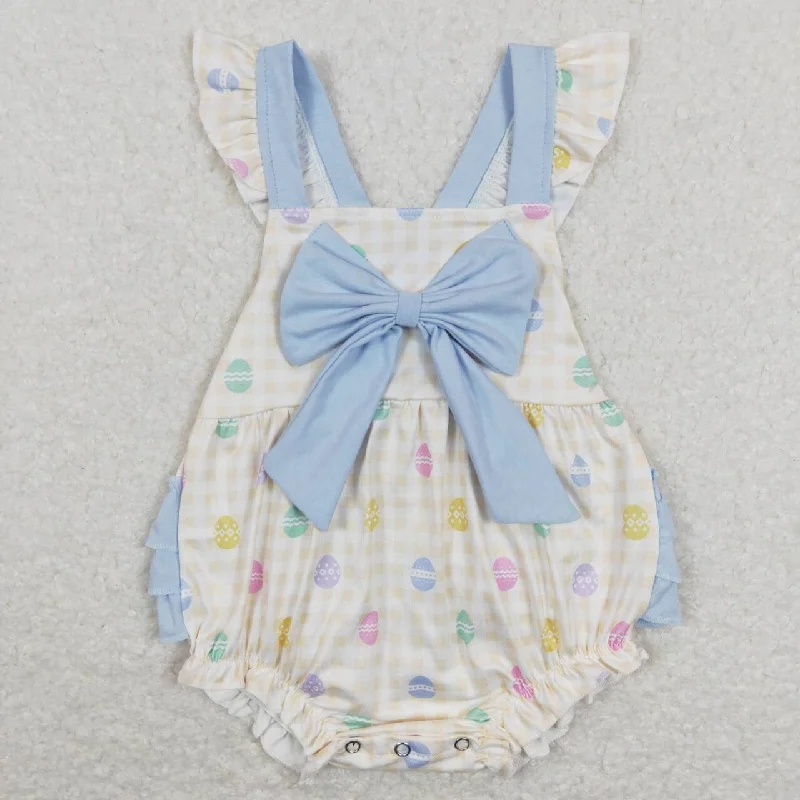 SR0656  Easter Blue Egg Rabbit  Bow   Girls Short Sleeve Romper