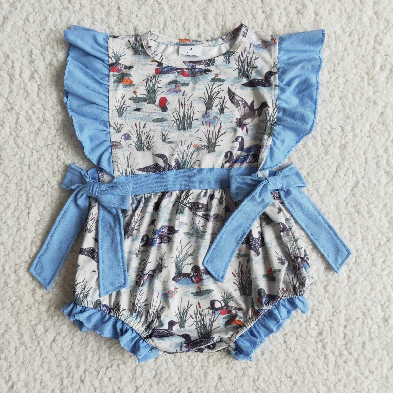 E7-12 Blue Flutter Sleeve Duck Print Girls Short Sleeve Romper