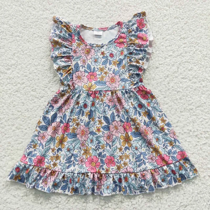 GSD0363 Blue Pink Floral Girls Flutter Sleeve Dresses