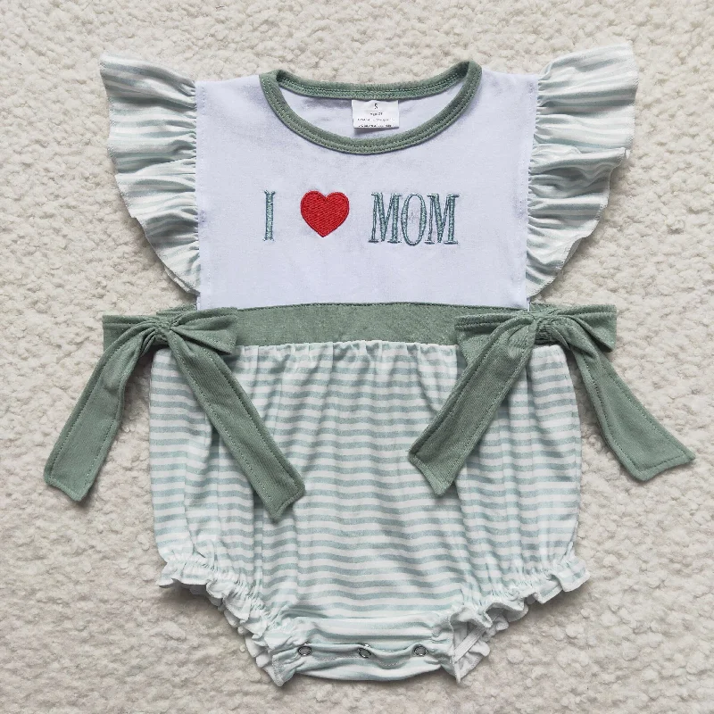 SR0237 Green Plaid I Love Mom Embroidery Girls Short Sleeve Romper