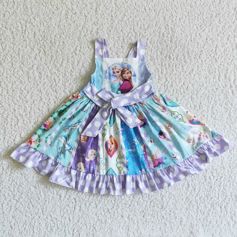 Clearance C3-16 Blue Purple Dots Princess Cartoon Belt Patchwork Girls Sleeveless Dresses