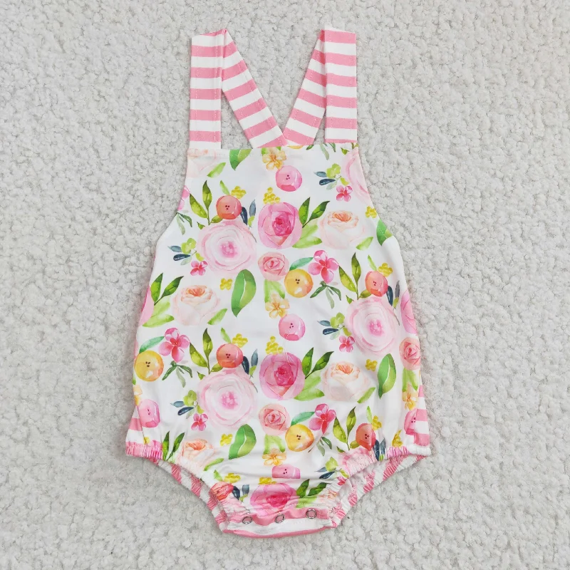 A17-9-2 Pink Floral Print Girls Sleeveless Romper