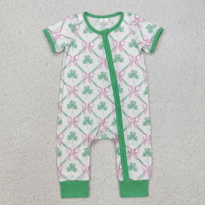 SR2109 St. Patrick's Day outfit lucky girl Short Sleeve Romper with clover bow zipper outfit RTS 202412