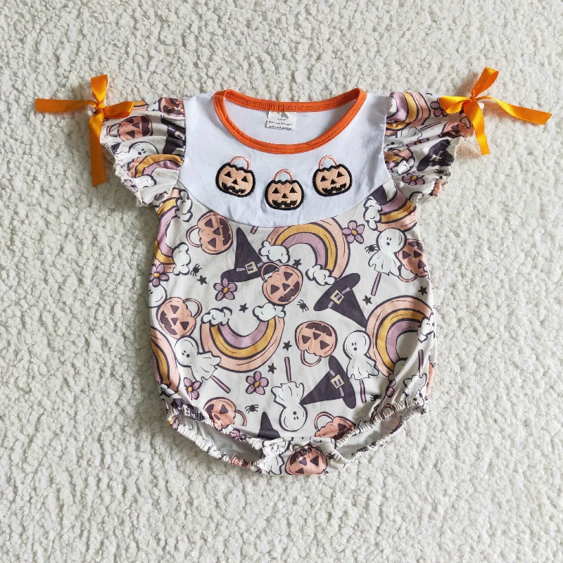 SR0086 Halloween Orange Plaid Rainbow Pumpkin Ghost Witch Cartoon Embroidery Girls Short Sleeve Romper