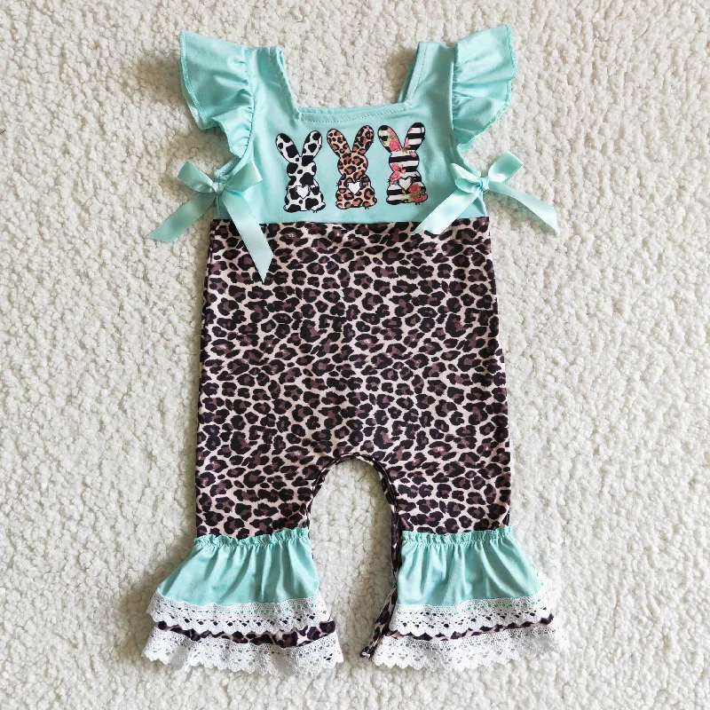 EC0005 Easter Rabbits Blue Leopard Girls Sleeveless Romper