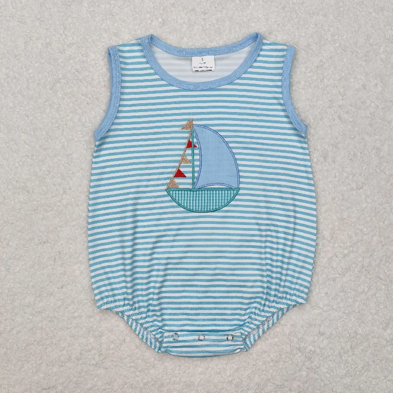 SR2276 Embroidered sailboat Blue Striped Sleeveless Romper baby girls or boys boutique nightwear outfit RTS 202501