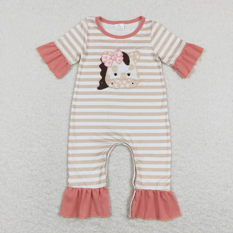 SR0674 Pink Cow  Embroidery  Girls Short Sleeve Romper