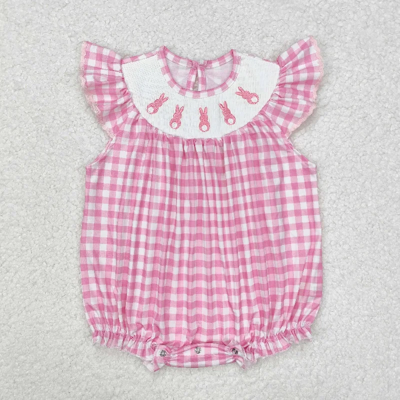 SR2215 Pink check rabbit Embroidery Girls Short Sleeve Romper cute girls outfits RTS