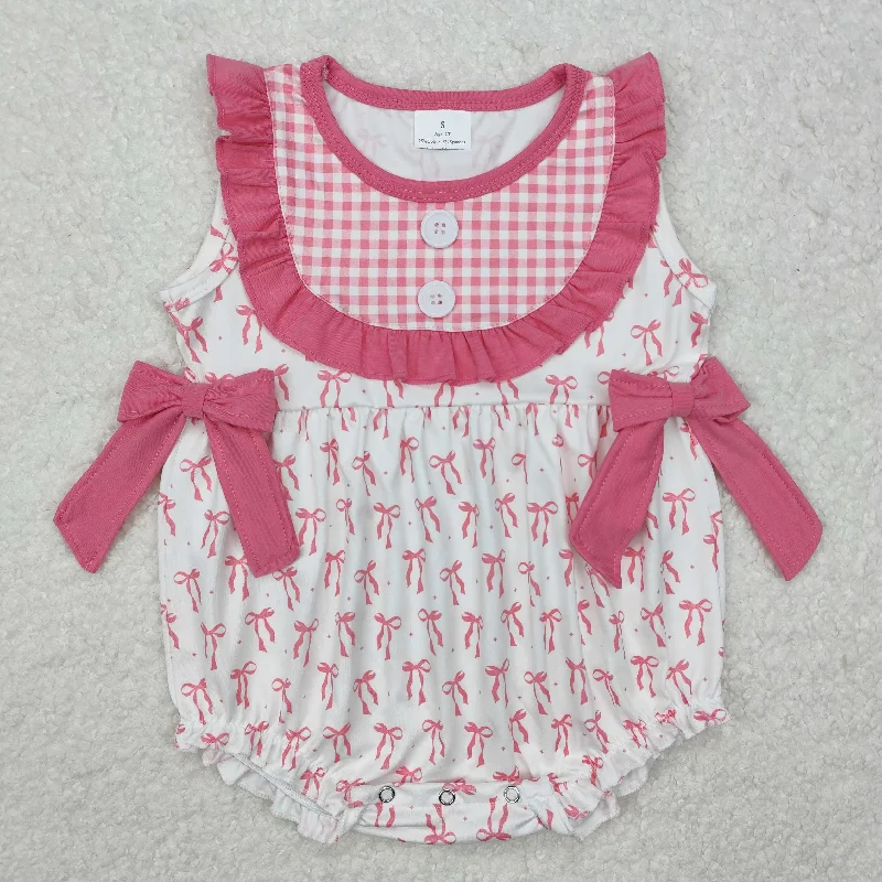 SR2294 Pink Plaid Bow Ruffle Sleeveless Romper baby girls boutique nightwear outfit baby summer clothes RTS 202501