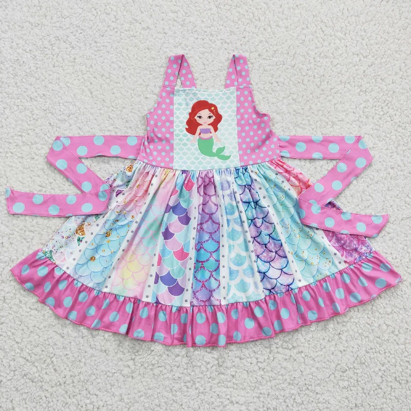 Clearance C1-8 Mermaid Pink Belt Patchwork Girls Sleeveless Dresses