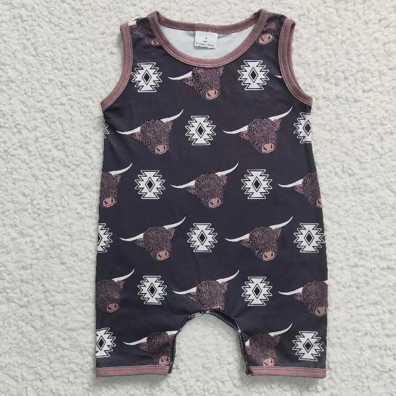 SR0284 Brown Black Highland Cow Western Boys Short Sleeve Romper