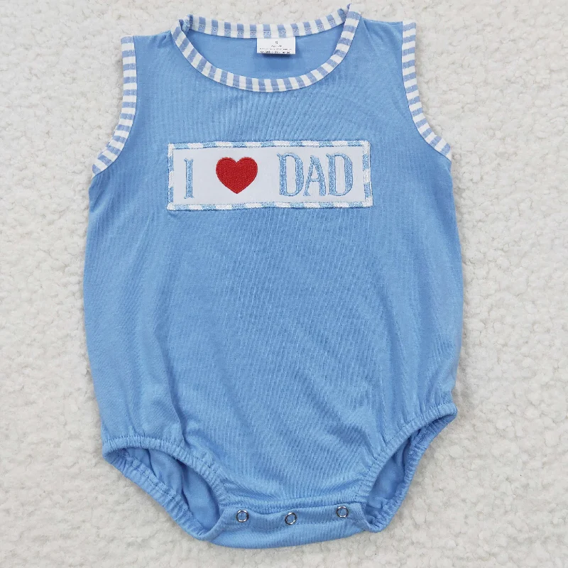 SR0236  Blue Plaid I Love Dad Embroidery Boys Short Sleeve Romper