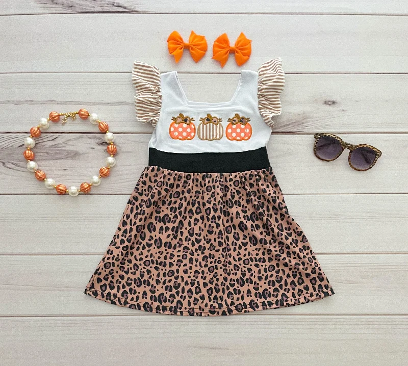 C6-16 Halloween Pumpkin Embroidery Leopard Girls Flutter Sleeve Dresses