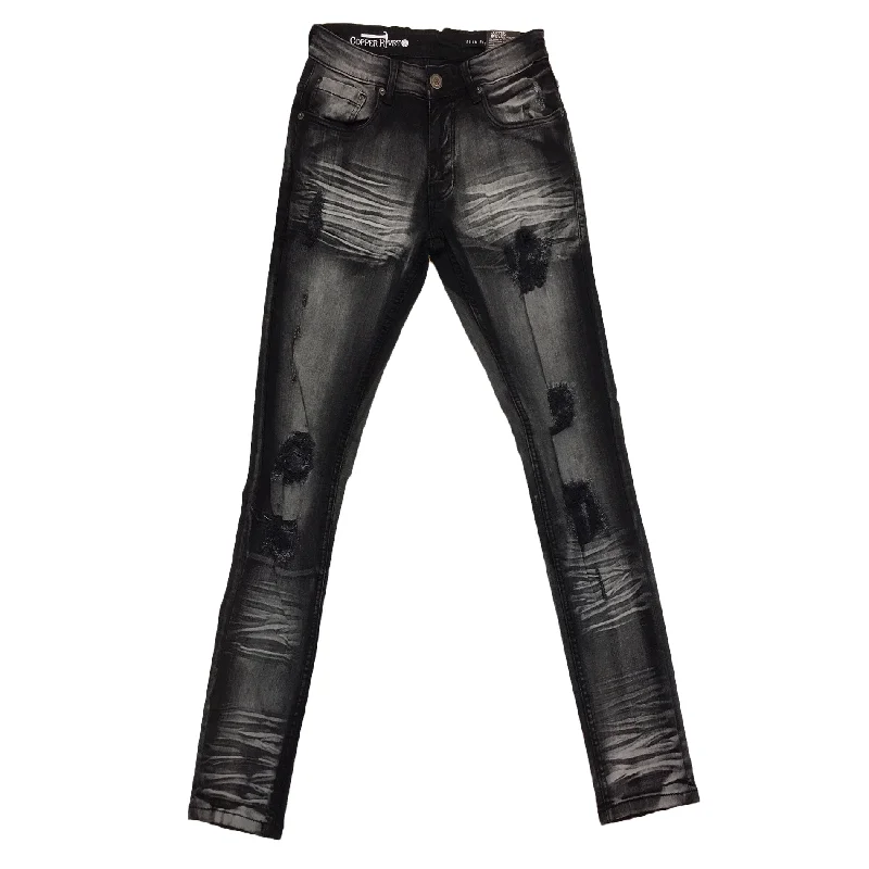 Copper Rivet Washed Ripped Wrinkle Jean (Black)