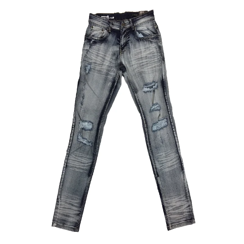 Copper Rivet Washed Ripped Wrinkle Jean (Light Sand Blue)