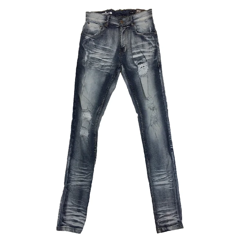 Copper Rivet Washed Ripped Wrinkle Jean (Medium Blue)