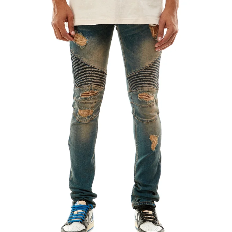 KDNK Destroyed Moto Denim Pant (Tinted Dark Blue)