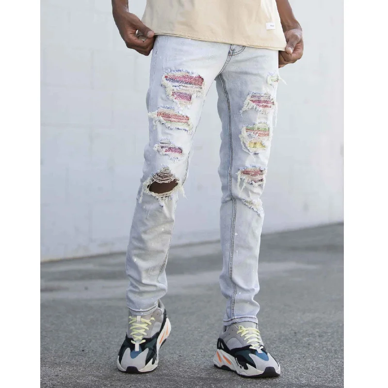 KDNK Ripped Rhine Stone Denim Jean (Blue)