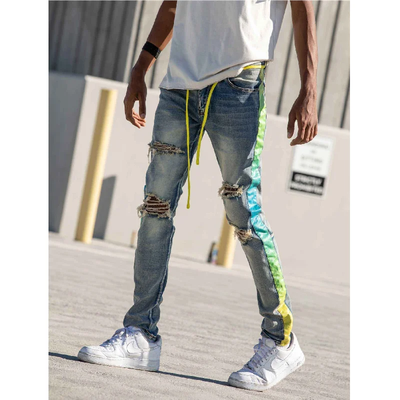 KDNK Side Tye-Dye Stripe Ripped Denim Jean (Blue)