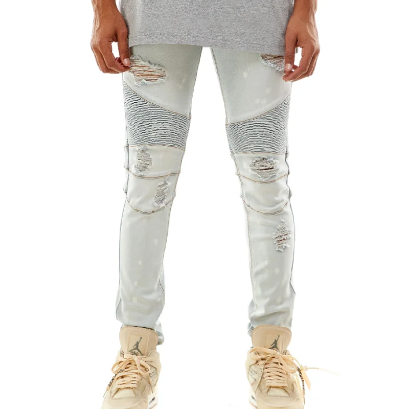 KDNK Spot Painted Brush Moto Denim Pant (Bleached Light Blue)