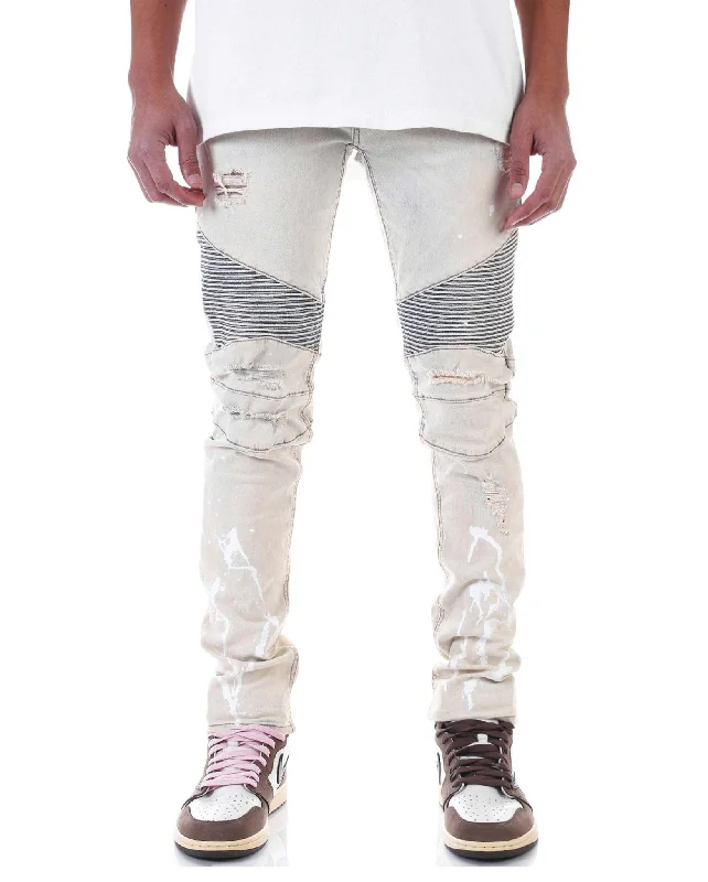 KDNK Spot Painted Brush Moto Denim Pant (Ice Blue)