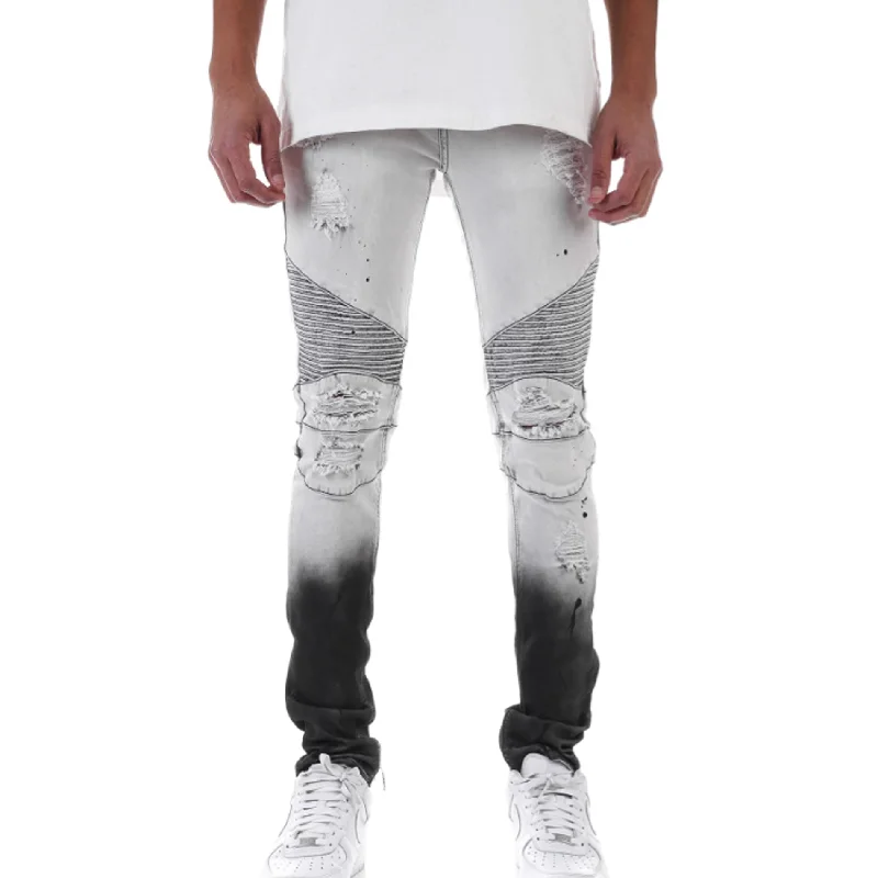 KDNK Spot Painted Brush Moto Denim Pant (Ice Grey)