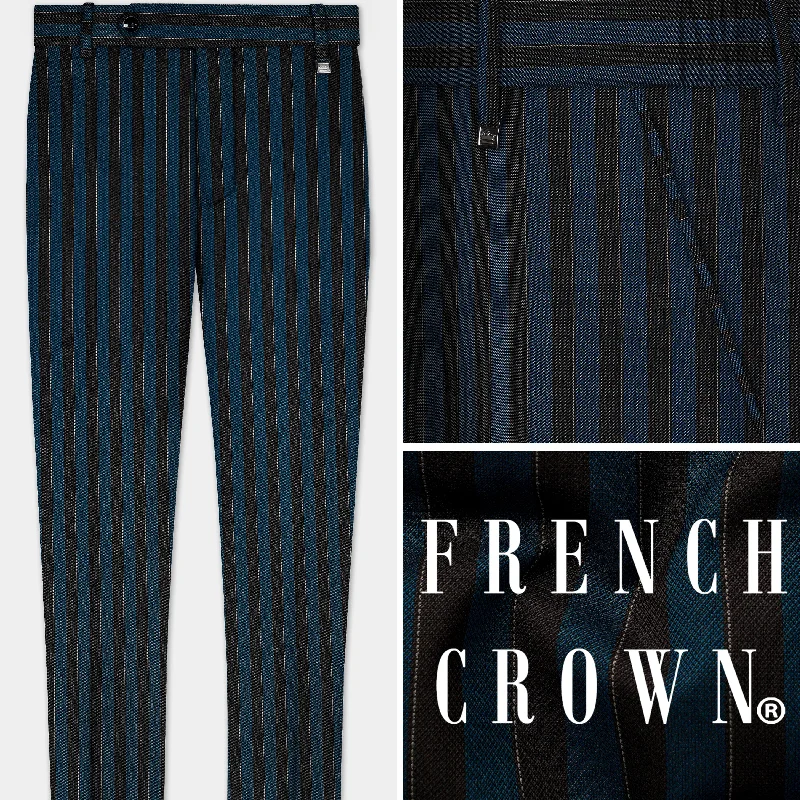 Daintree Blue And Jade Black Striped Wool Blend Stretchable Waistband Pant