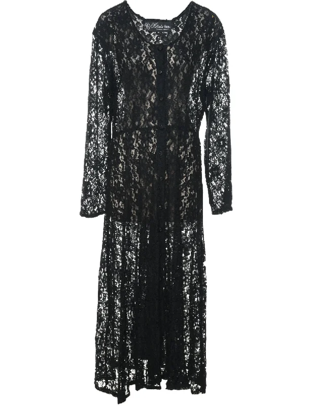 Black 1990s Floral Lace Evening Dress - L