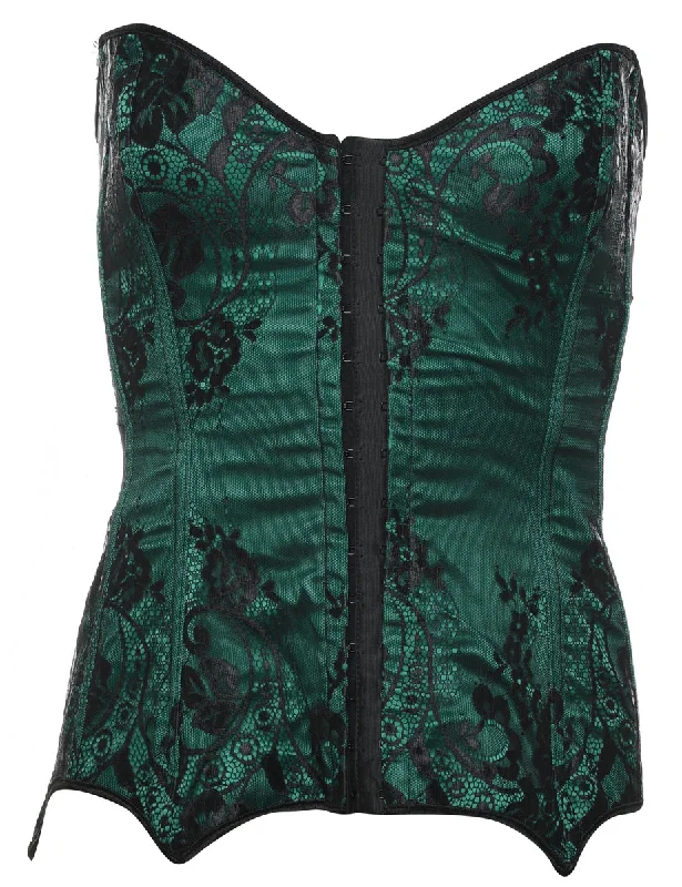 Black & Dark Green Boned Lace Corset - S