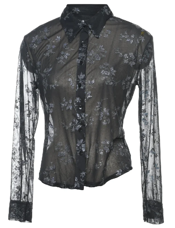 Black & Silver Floral Sparkly Sheer Blouse - M