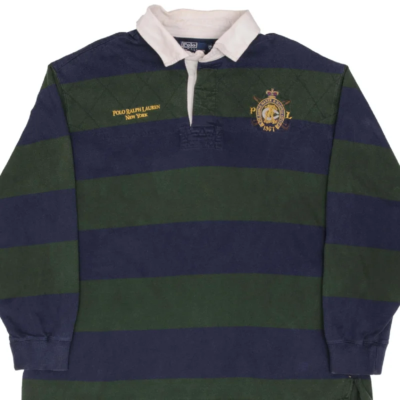 VINTAGE RALPH LAUREN NEW YORK BLUE GREEN STRIPED RUGBY POLO SHIRT 1990S 2XL BIG